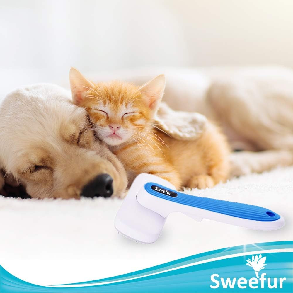 Automatic Pet Hair Removal Comb, Self-Cleaning Slicker Brush for Dogs & Cats- Grooming Shedding Brush for Small, Medium and Large Dogs and Cats- Pet Hair Brush with Soft Grip Handle- Blue